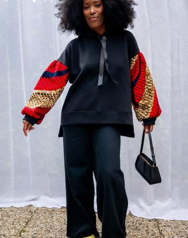 Hoodie wax Motema - Noir et Rouge