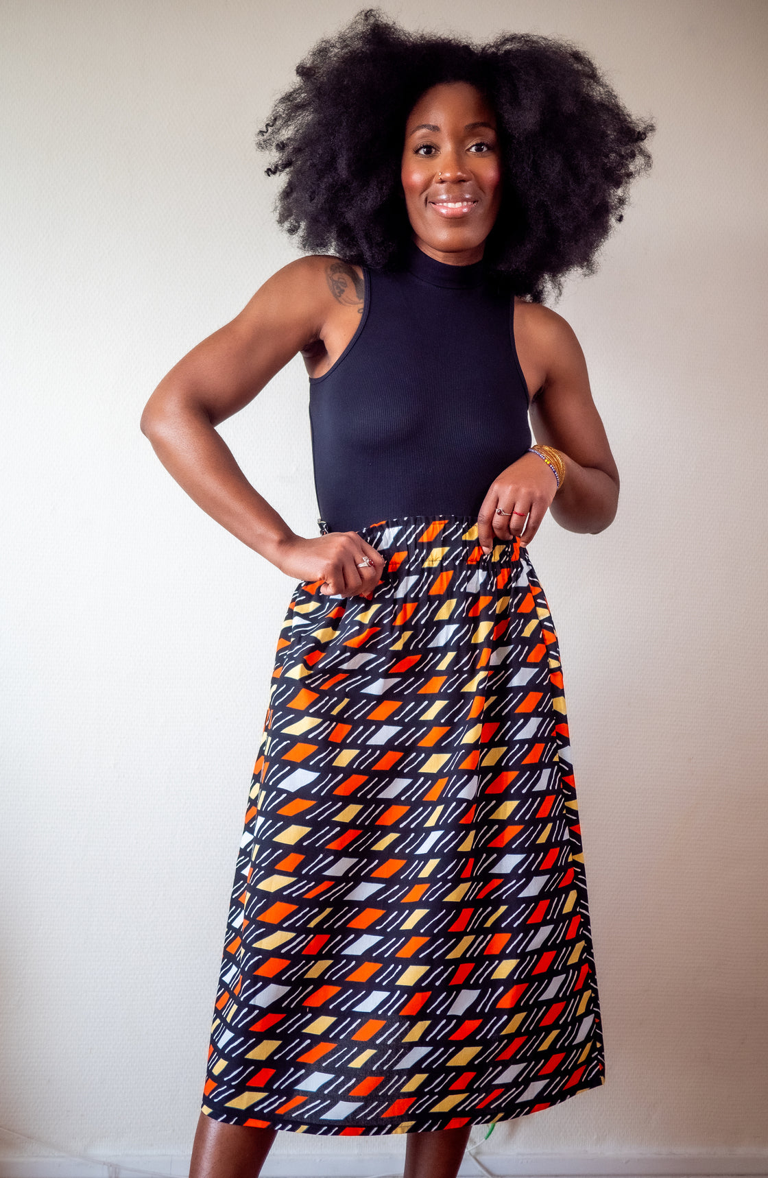 Jupe midi en imprimé Wax africain - Bogo noir