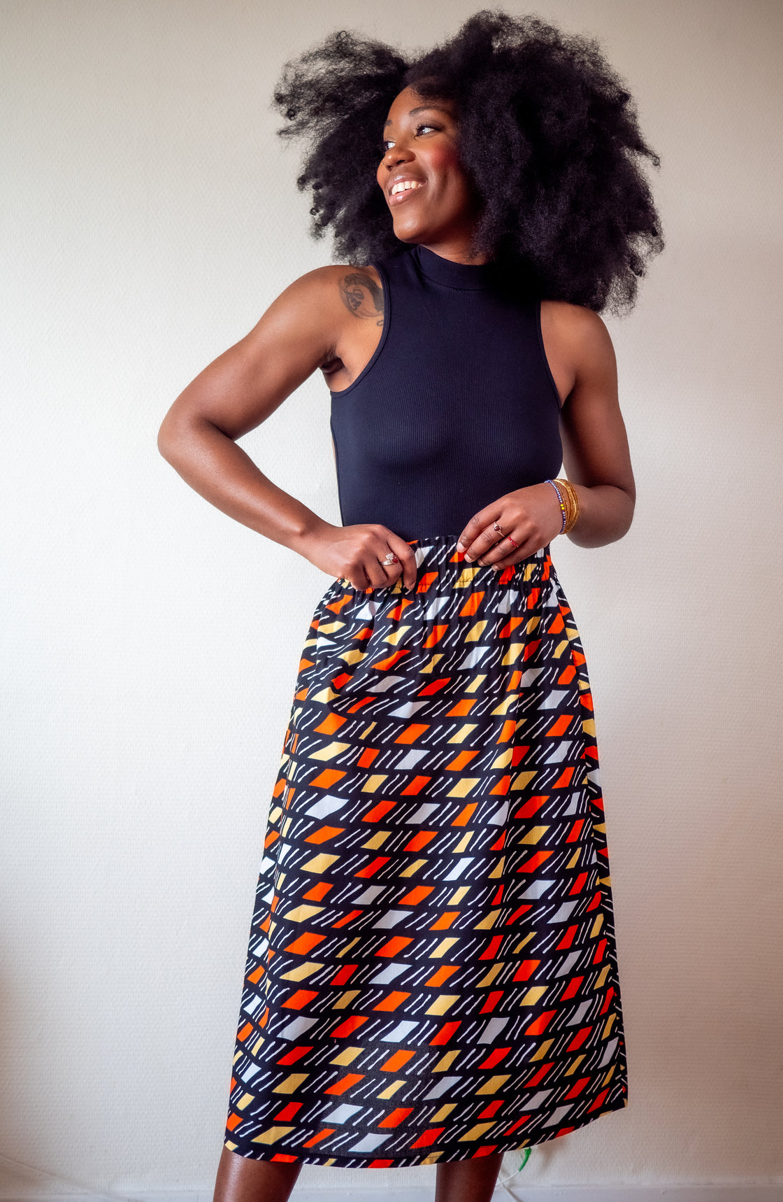 Jupe midi en imprimé Wax africain - Bogo noir