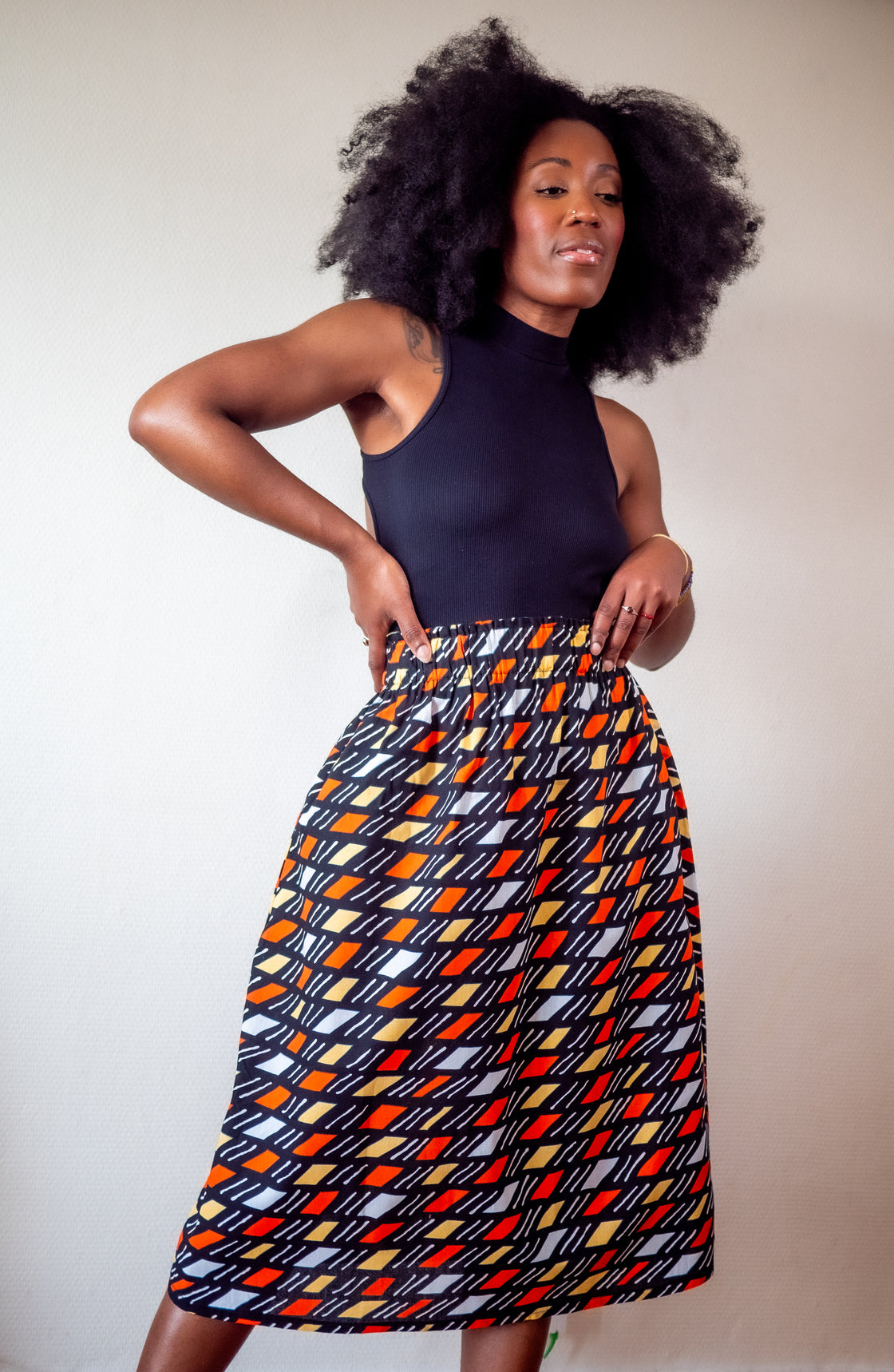 Jupe midi en imprimé Wax africain - Bogo noir