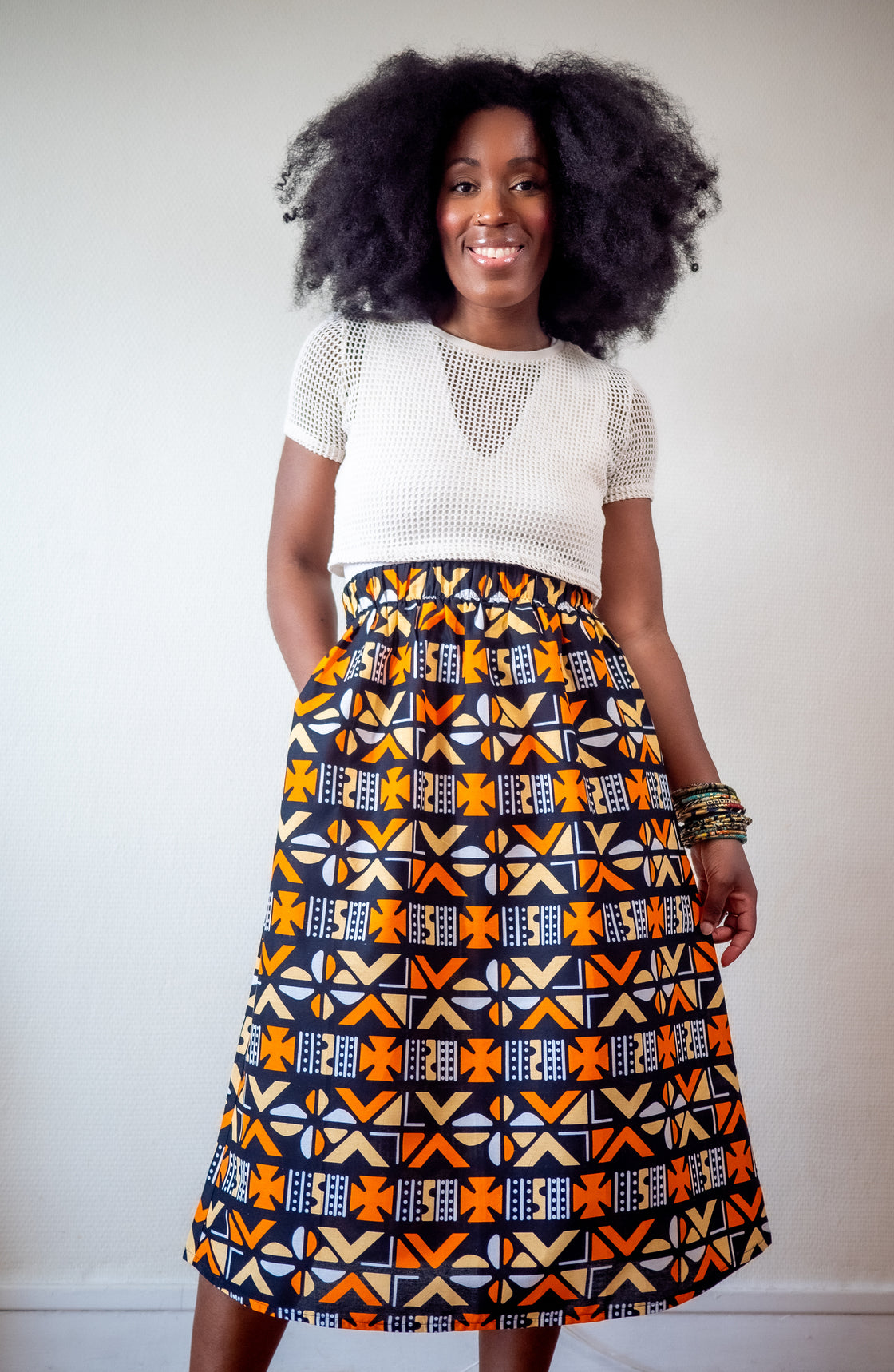 Jupe midi en imprimé Wax africain - Bogo orange