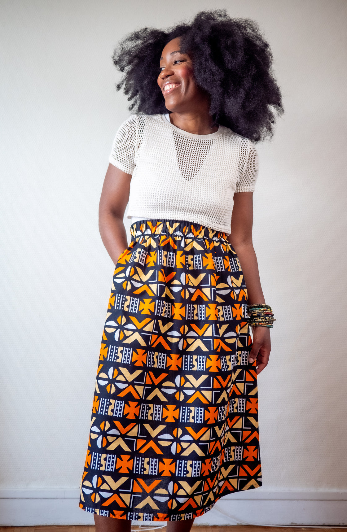 Jupe midi en imprimé Wax africain - Bogo orange