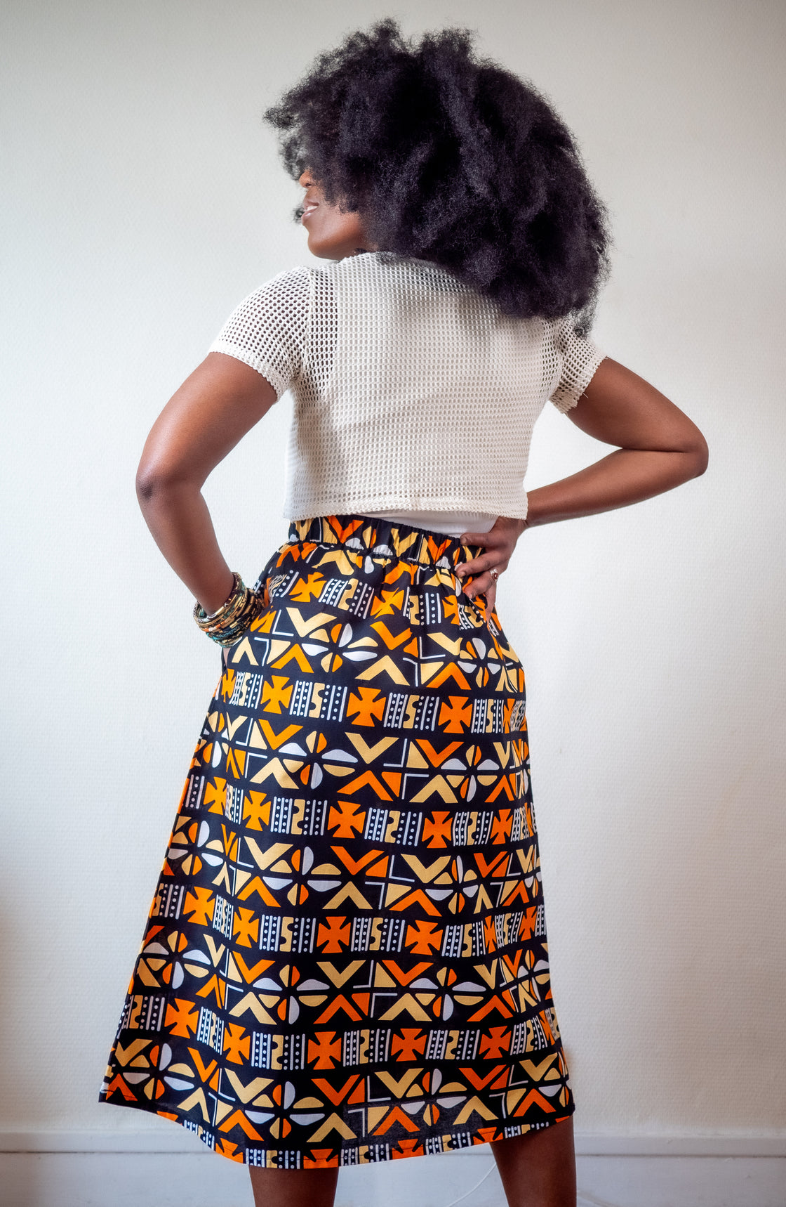 Jupe midi en imprimé Wax africain - Bogo orange