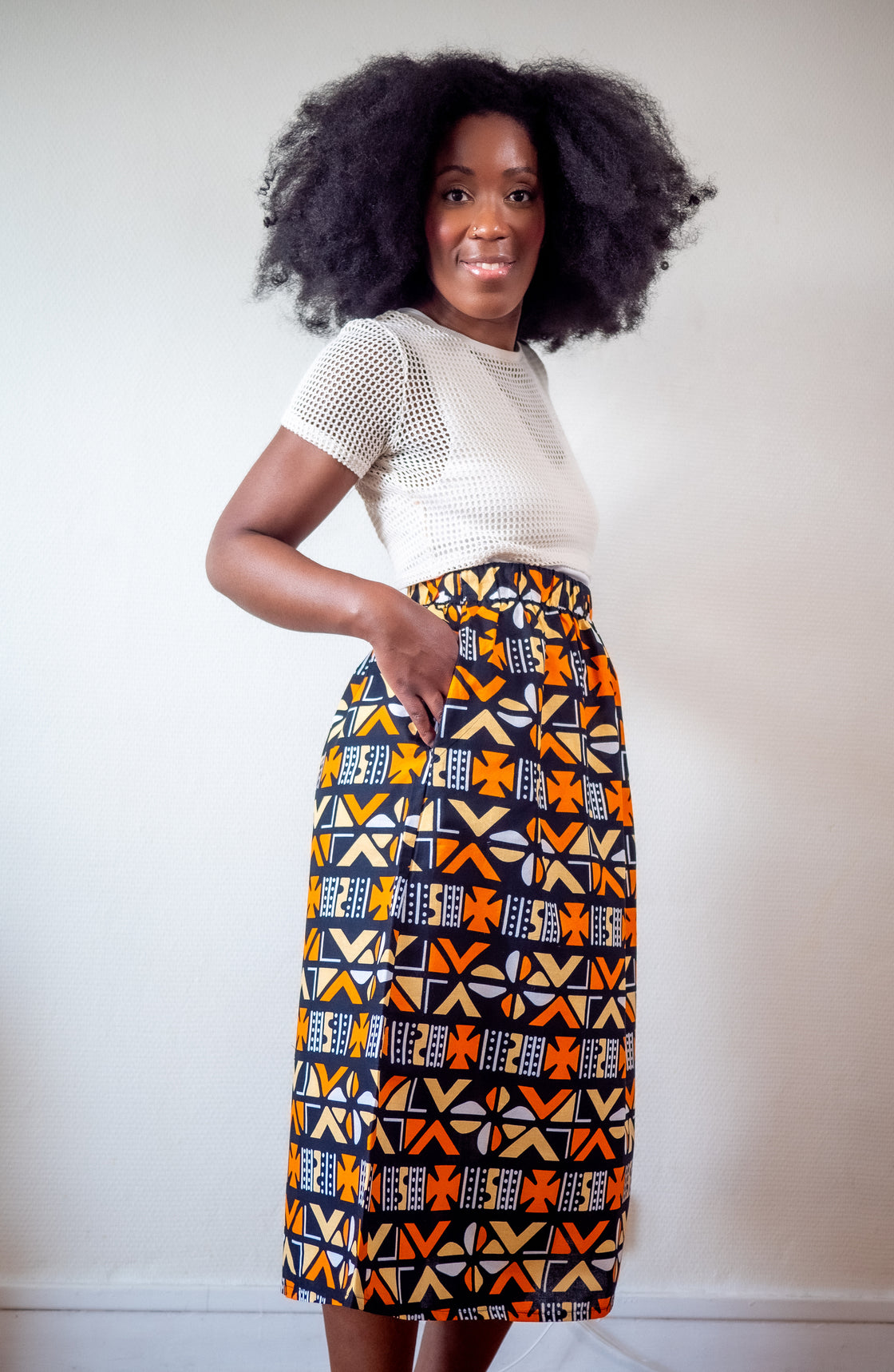 Jupe midi en imprimé Wax africain - Bogo orange
