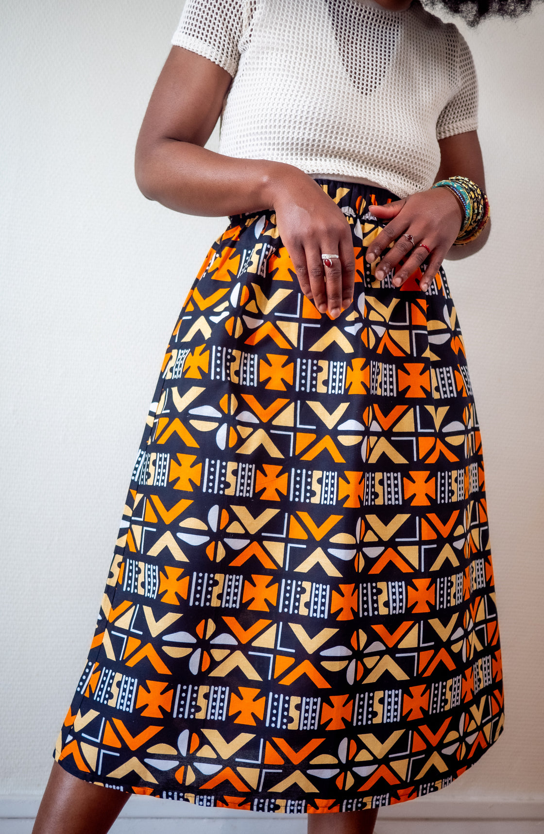 Jupe midi en imprimé Wax africain - Bogo orange