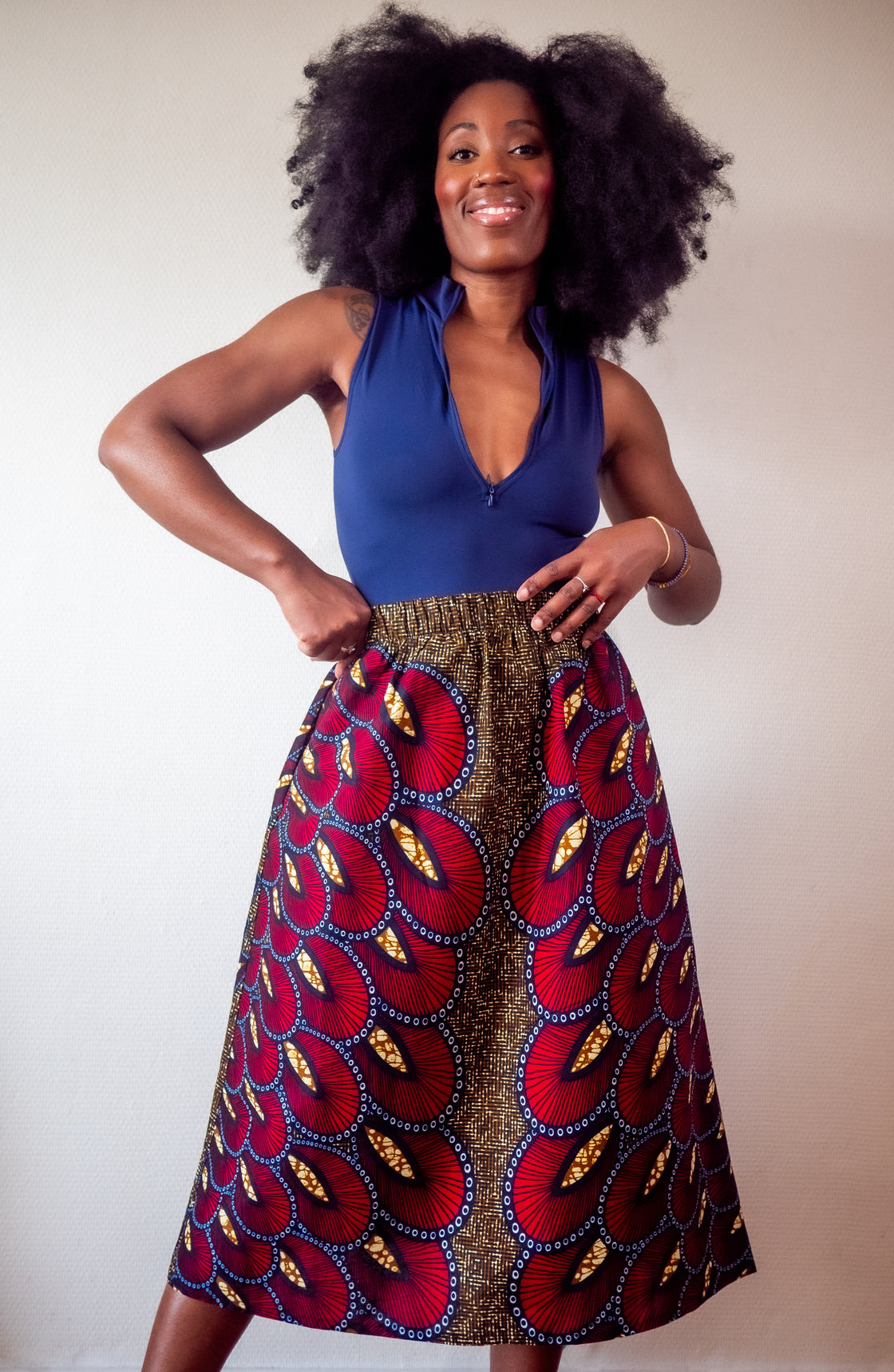 Jupe midi en imprimé Wax africain - Makaya rouge