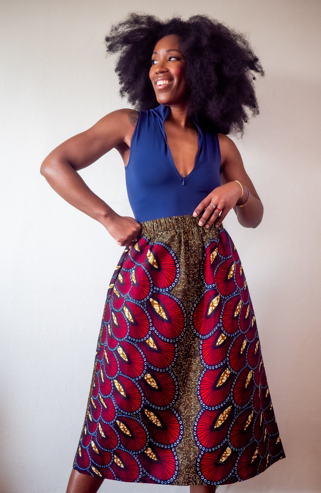 Jupe midi en imprimé Wax africain - Makaya rouge
