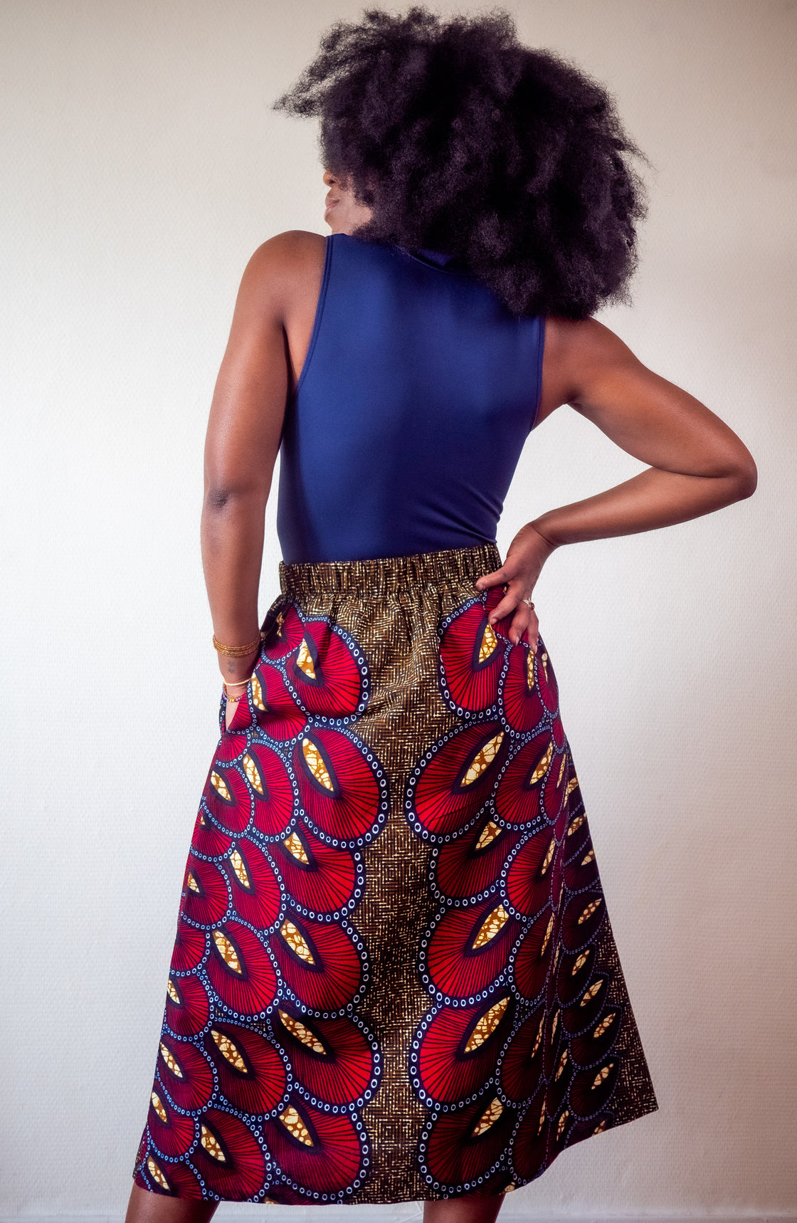 Jupe midi en imprimé Wax africain - Makaya rouge