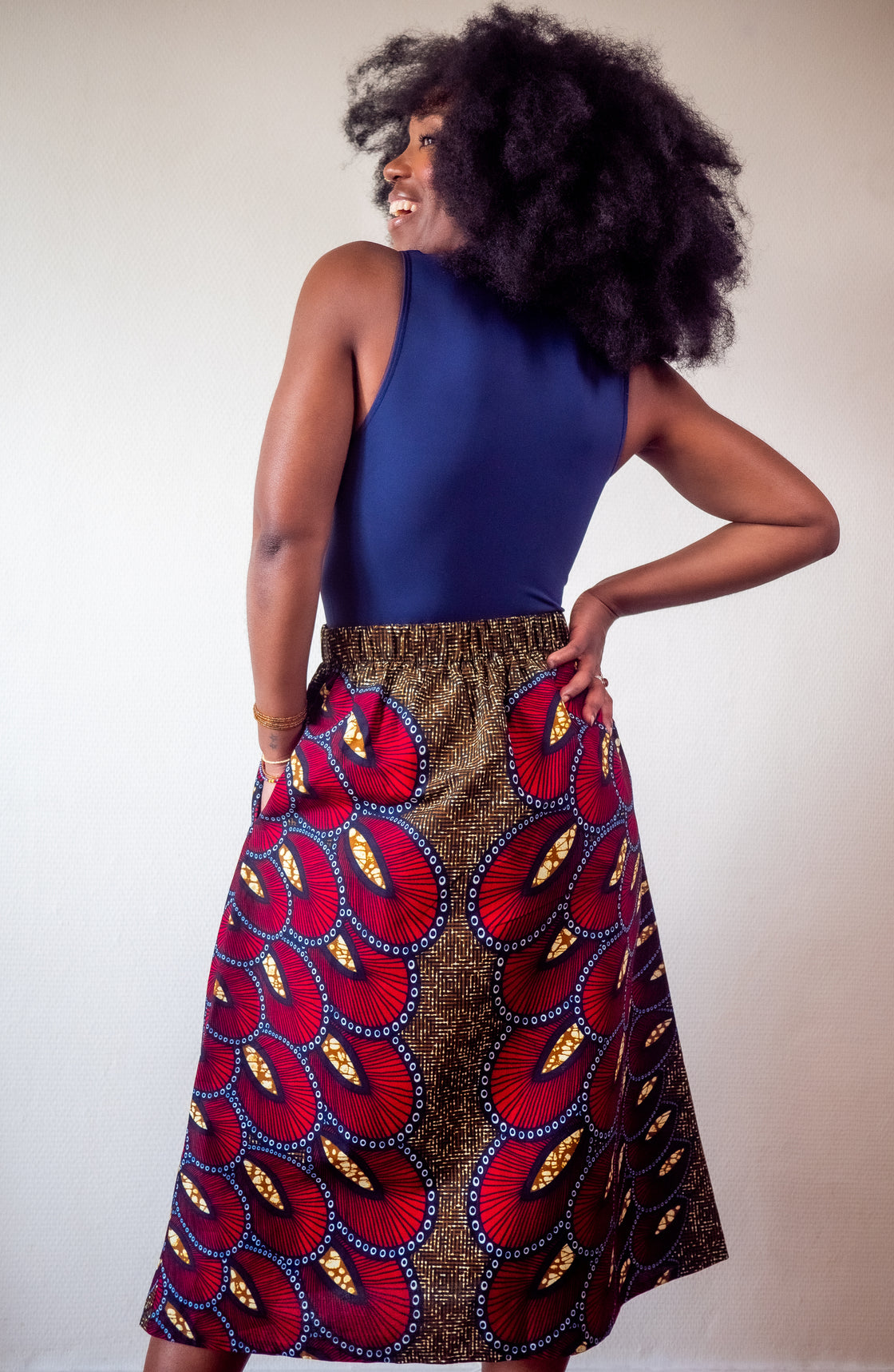 Jupe midi en imprimé Wax africain - Makaya rouge