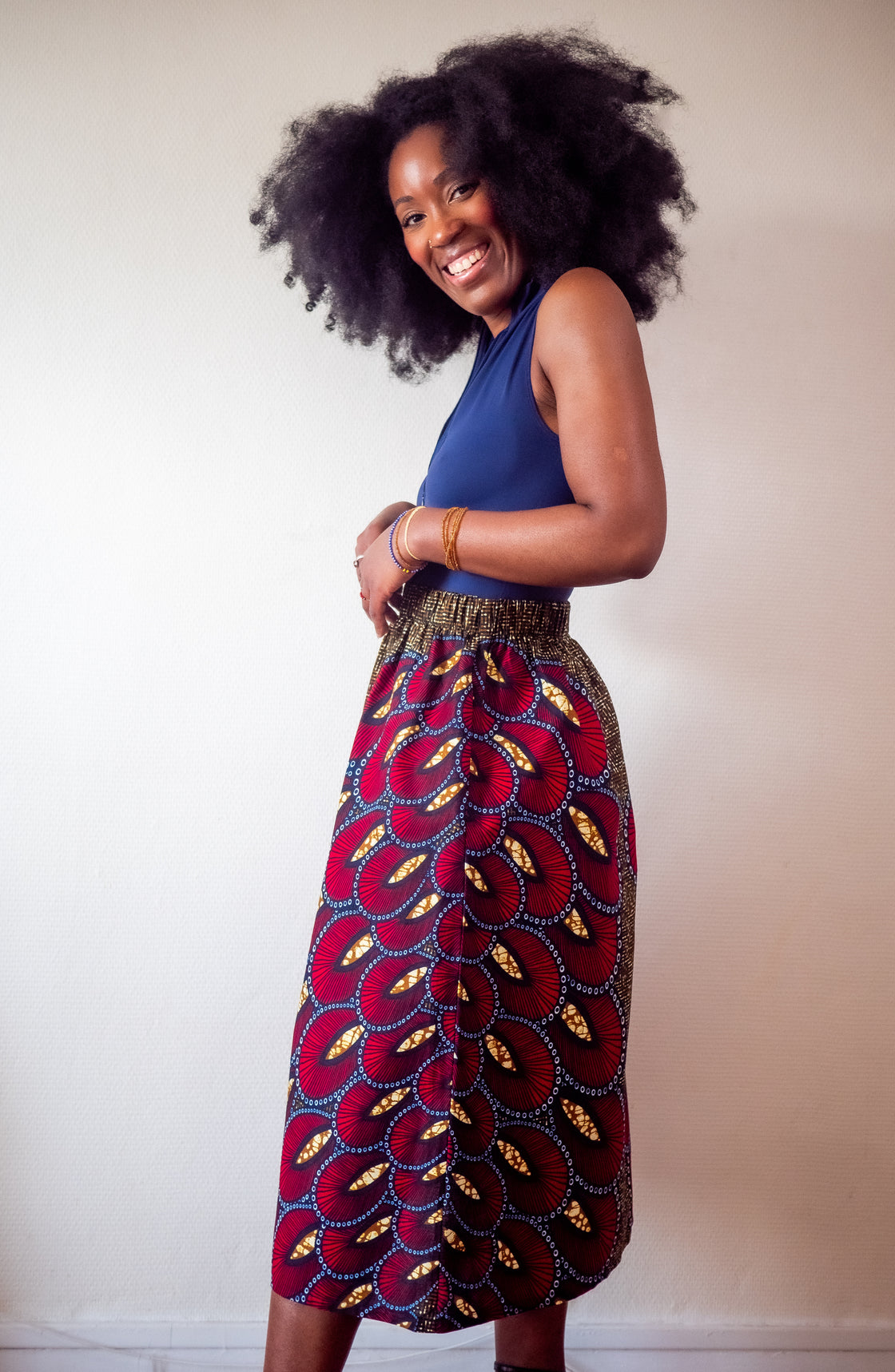 Jupe midi en imprimé Wax africain - Makaya rouge