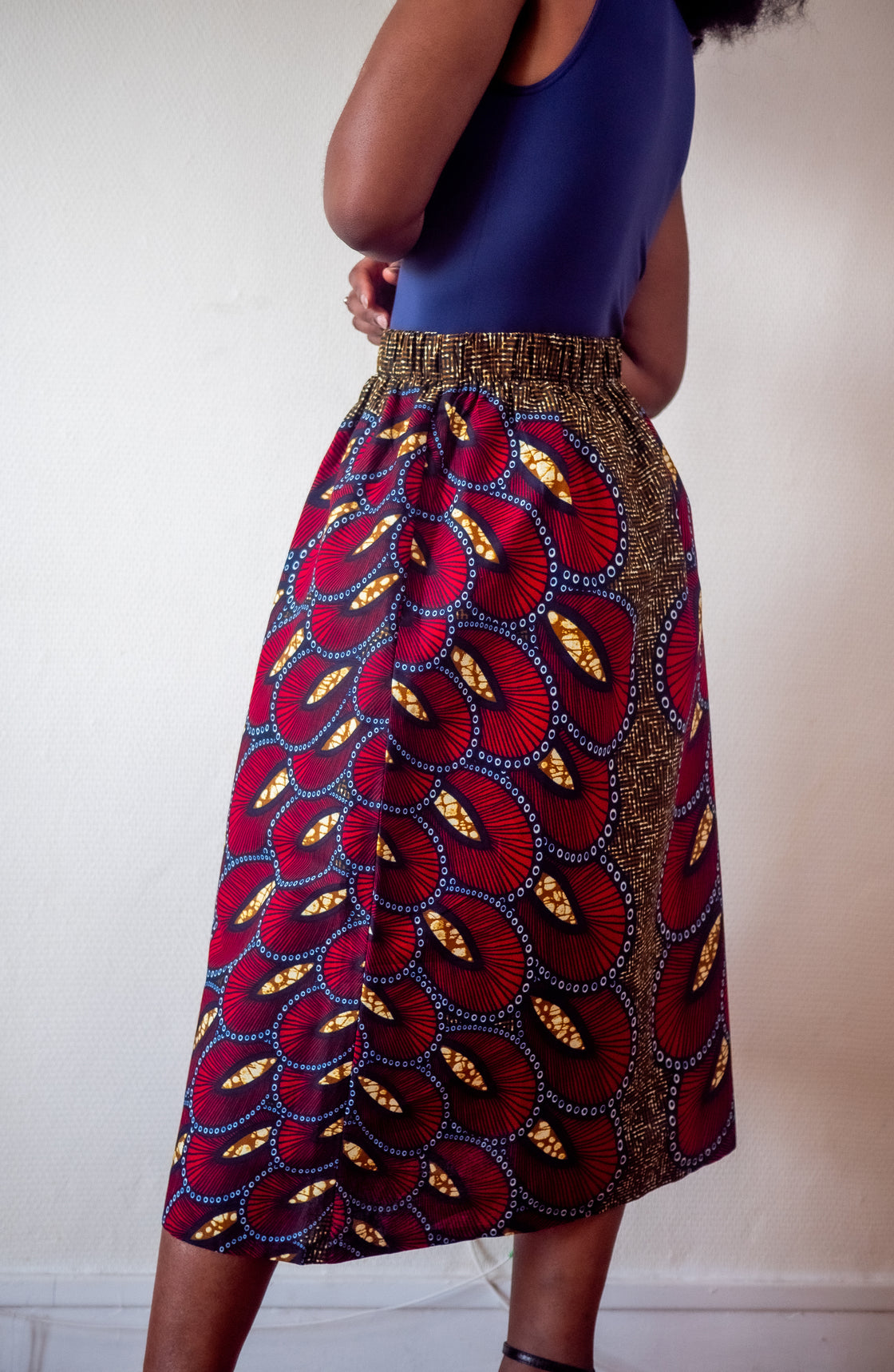 Jupe midi en imprimé Wax africain - Makaya rouge