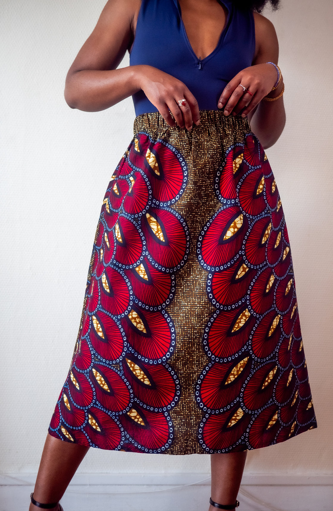 Jupe midi en imprimé Wax africain - Makaya rouge