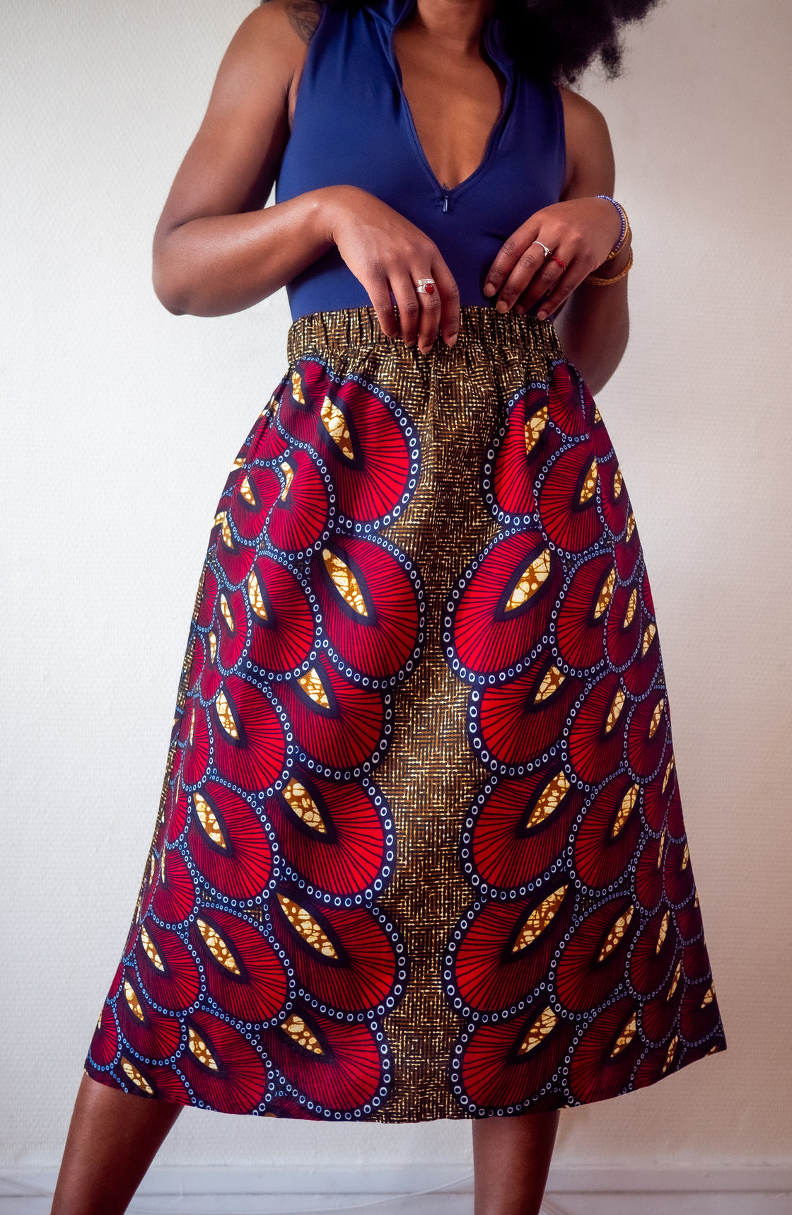 Jupe midi en imprimé Wax africain - Makaya rouge