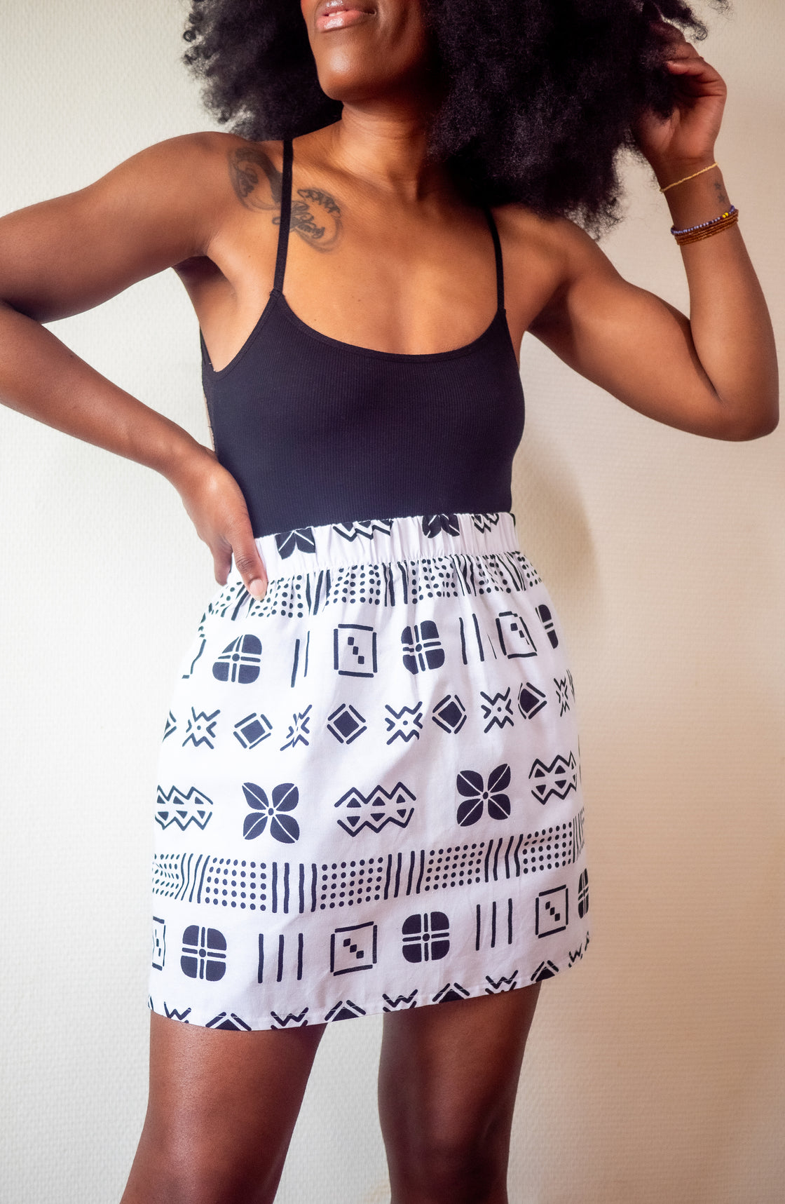 Jupe mini en imprimé Wax africain - Bogo blanc