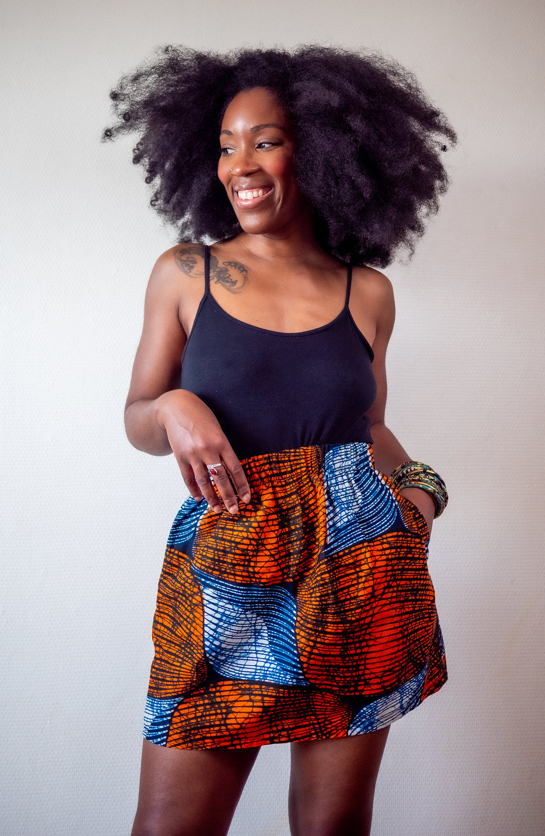 Jupe mini en imprimé Wax africain - Orange
