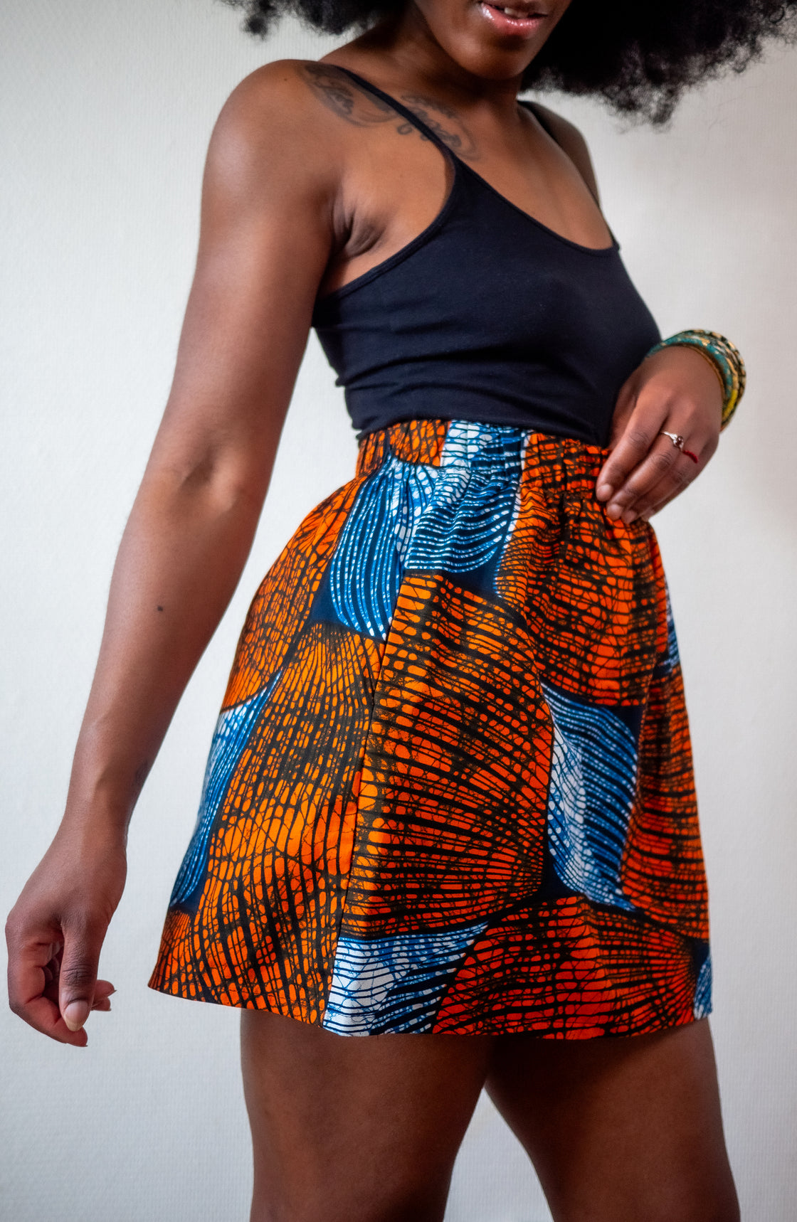 Jupe mini en imprimé Wax africain - Orange