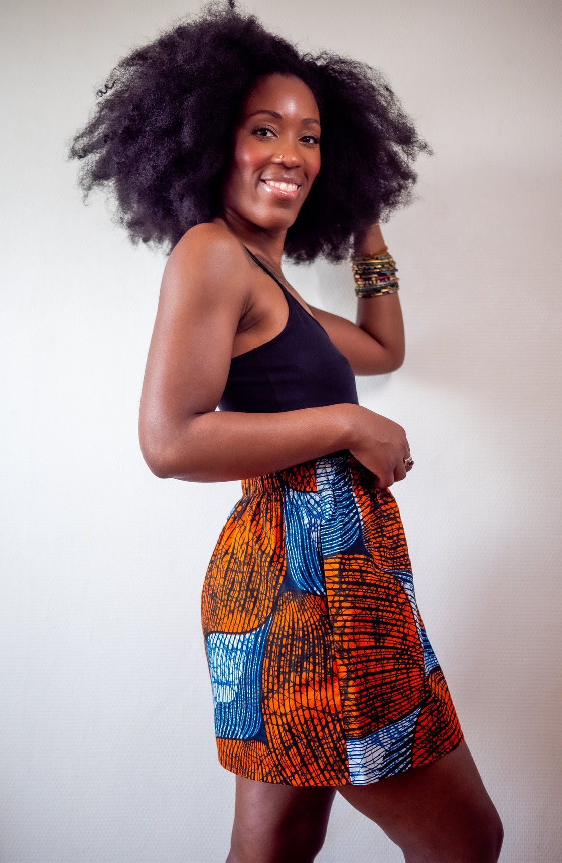 Jupe mini en imprimé Wax africain - Orange