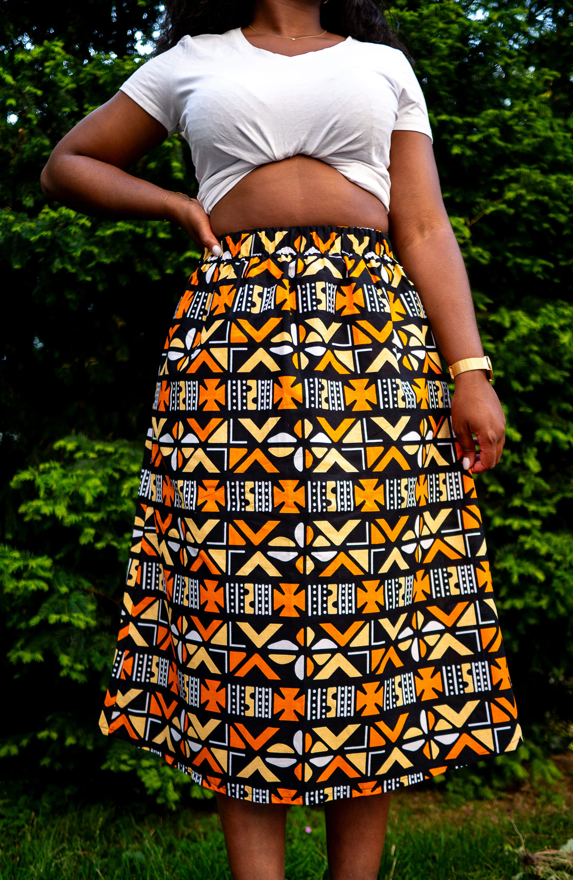 Jupe midi en imprimé Wax africain - Bogo orange