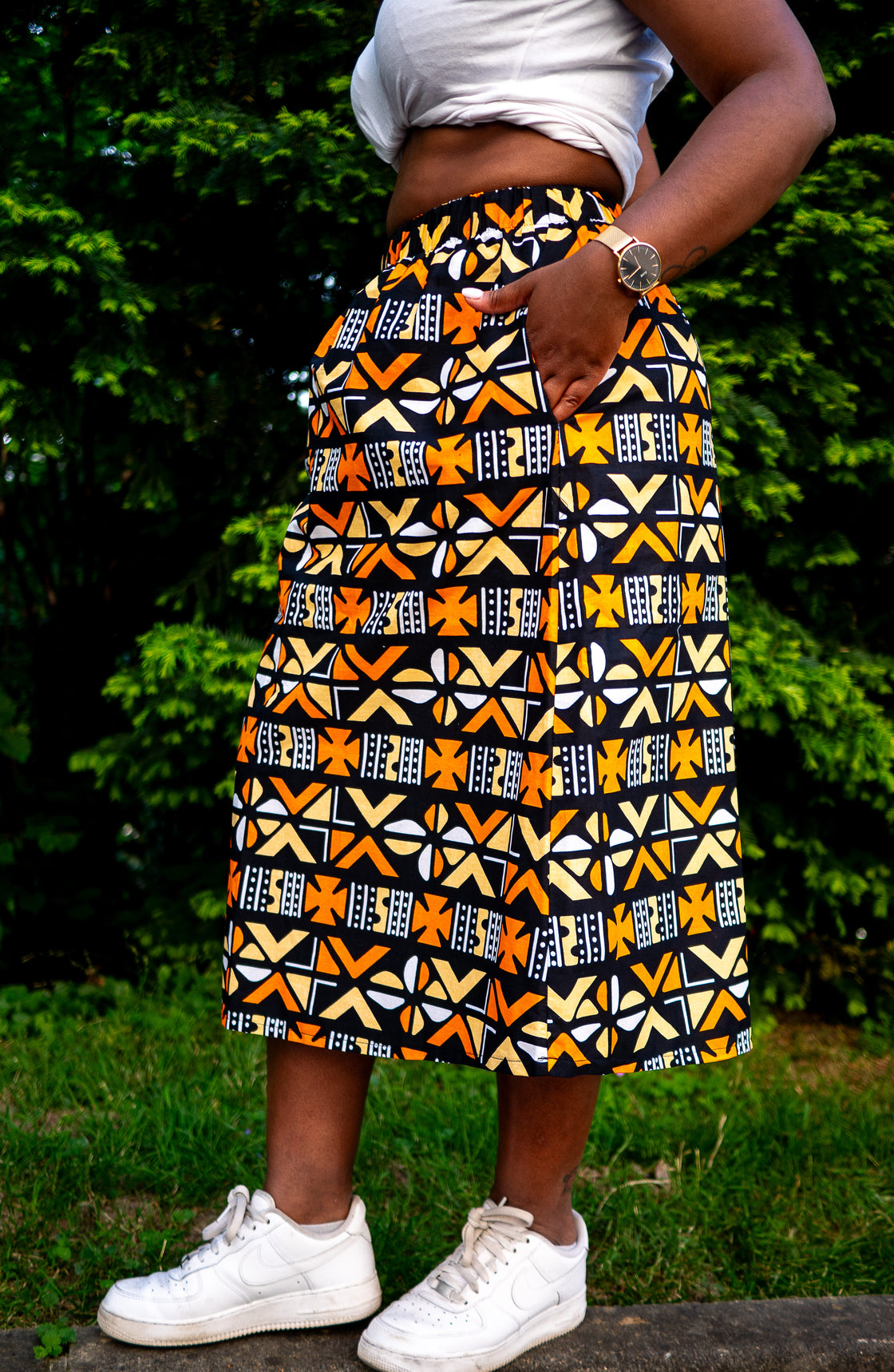 Jupe midi en imprimé Wax africain - Bogo orange