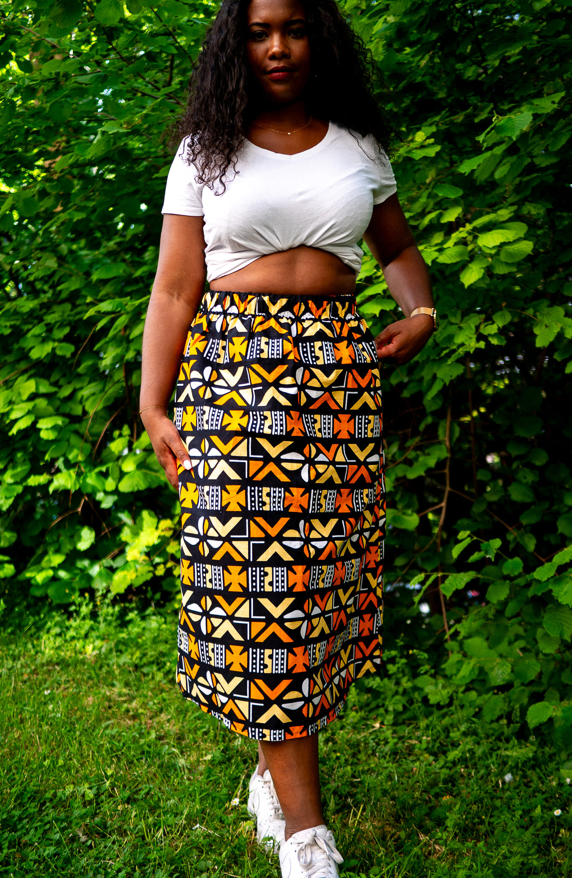 Jupe midi en imprimé Wax africain - Bogo orange