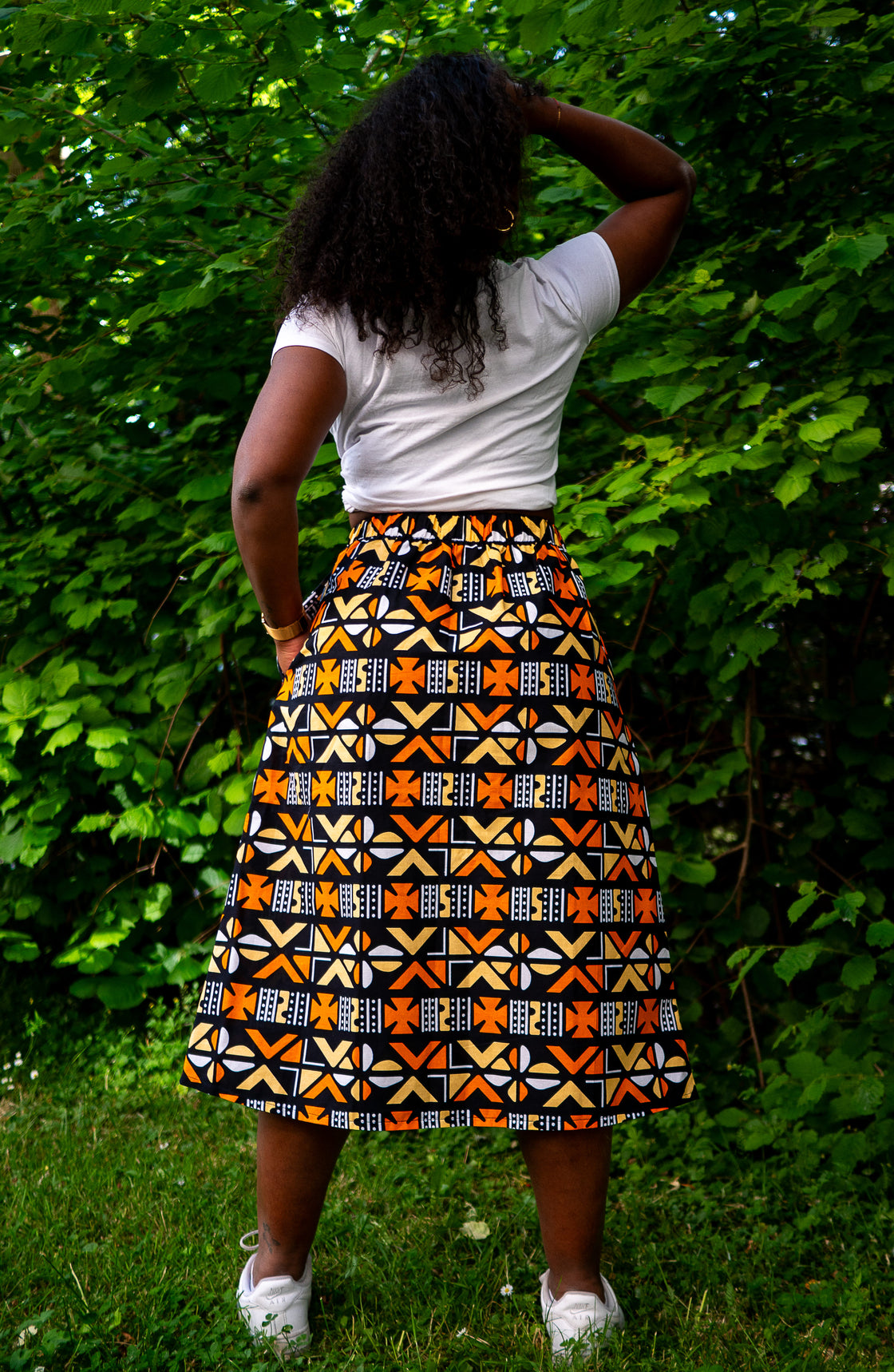 Jupe midi en imprimé Wax africain - Bogo orange