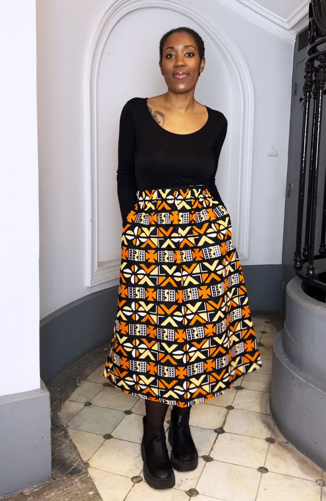 Jupe midi en imprimé Wax africain - Bogo orange