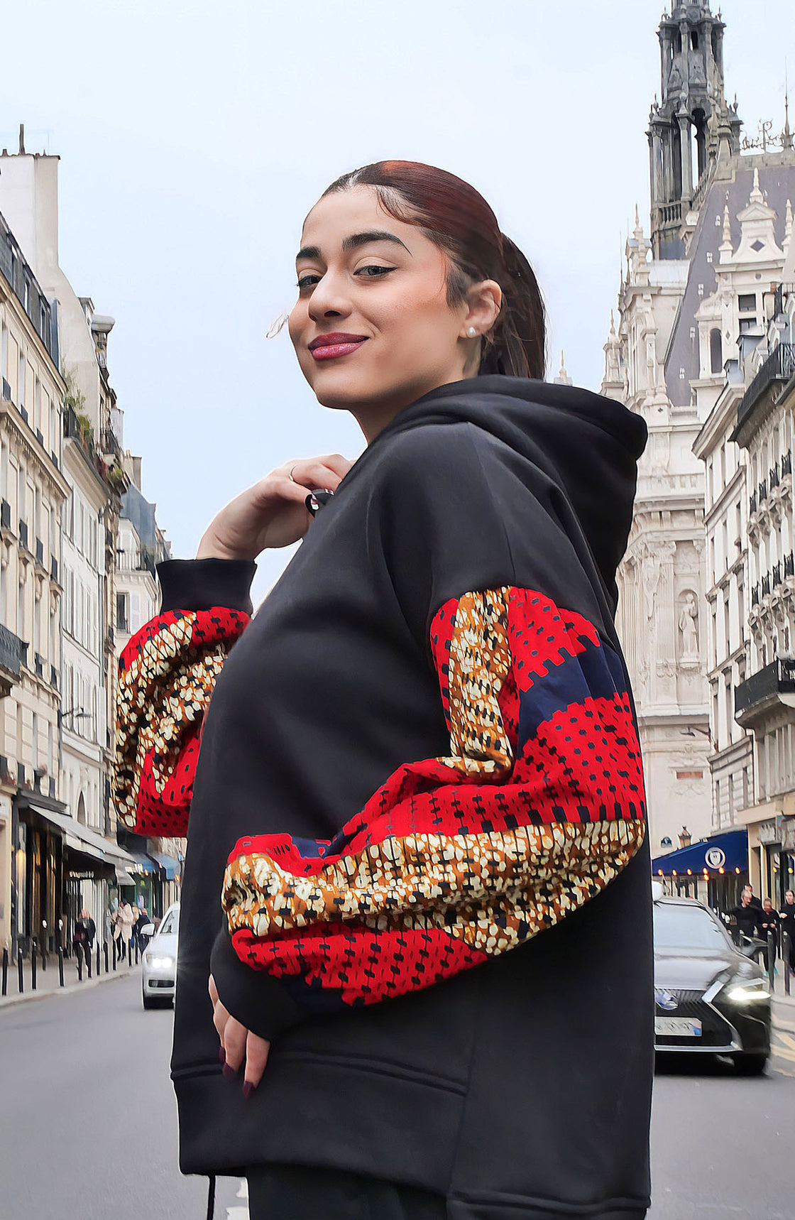 Hoodie wax Motema - Noir et Rouge